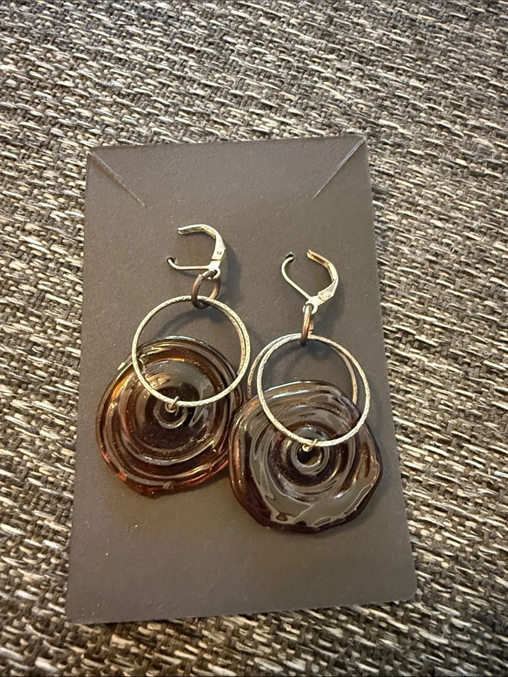 Earrings Gold Tone Hoop Brown Glass Disc Rose Drop Dangle Jewelry